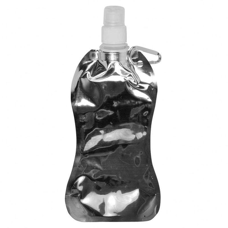 Bidón plegable de PE/PET libre de BPA con mosquetón. Capacidad 480 ml personalizado a una tinta y a una posición por serigrafía