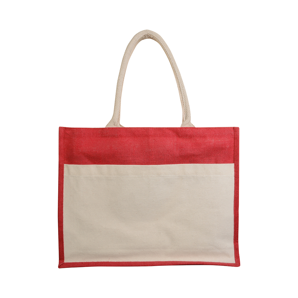 Bolsa de yute con interior de PVC, fuelle, asas largas y bolsillo exterior, Rojo, , , ,
