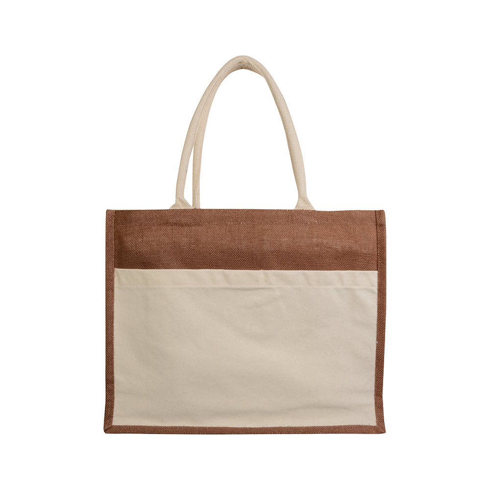 Bolsa de yute con interior de PVC, fuelle, asas largas y bolsillo exterior, Castano, , , ,