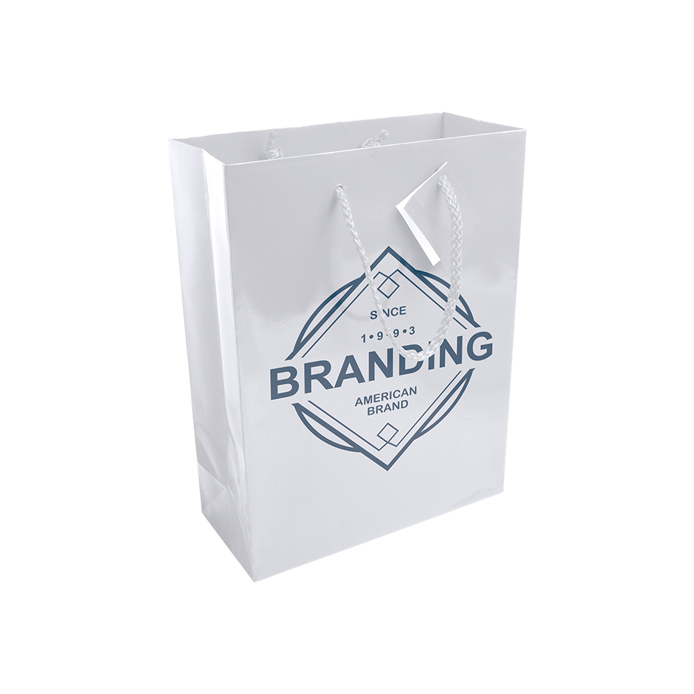 Bolsa de papel plastificado y cable de mangos + tarjetas de visita, Blanco, , , ,