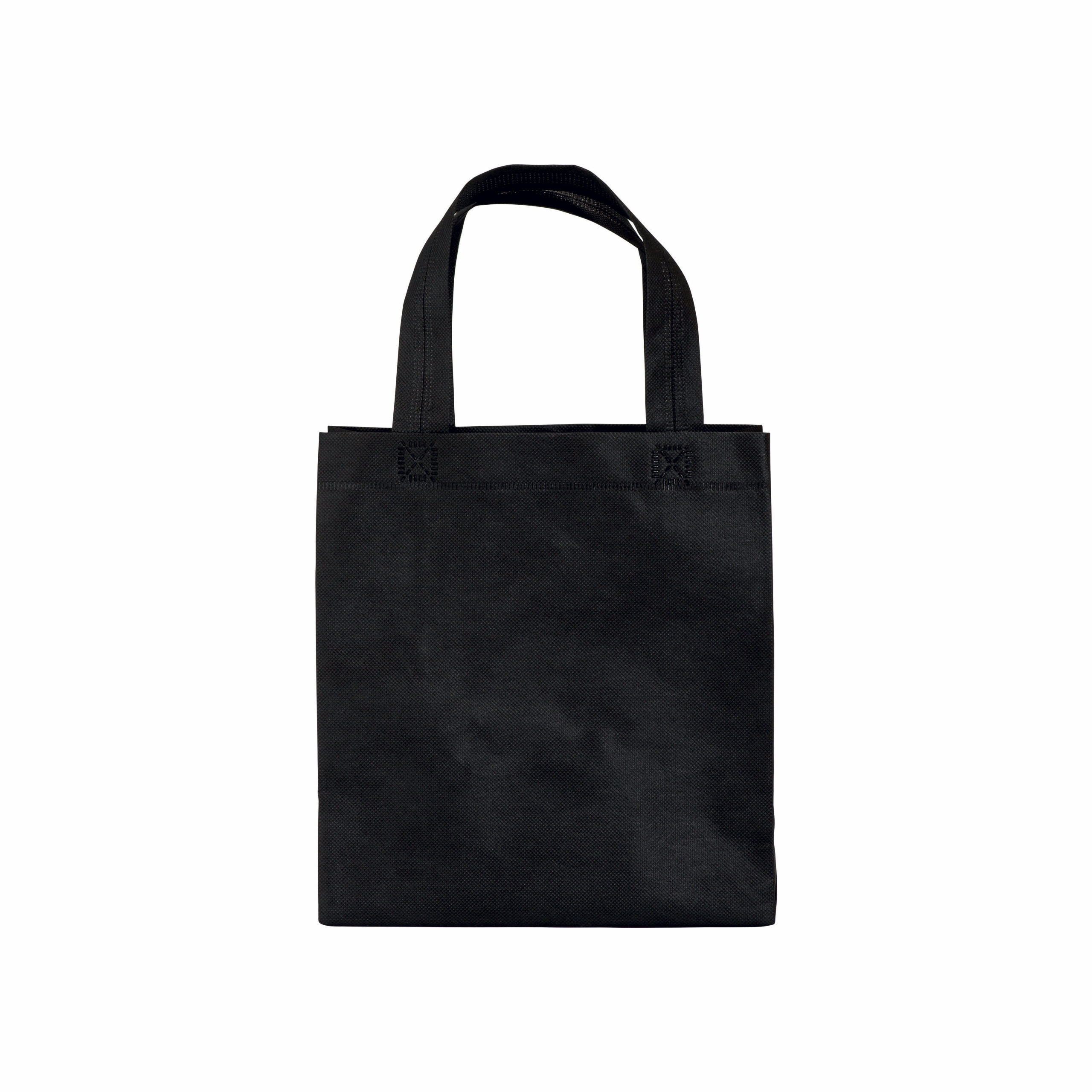 Bolsita de tejido sin tejer termosoldado, asas cortas y fuelle, Negro, , , ,