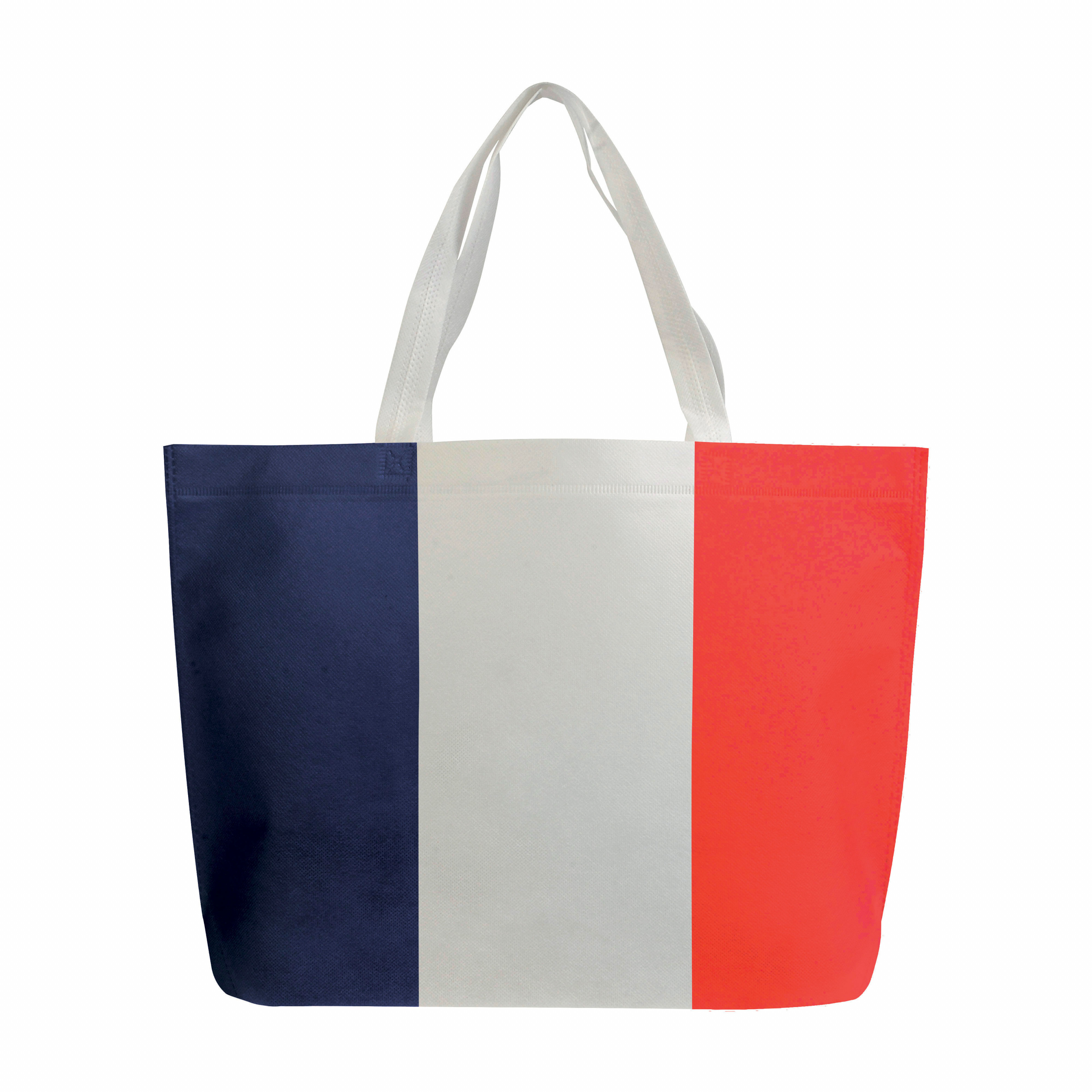 Bolso de compras termoplástico no tejido con refuerzos, asas largas con impresión tricolor, Tricolor fr, , , ,