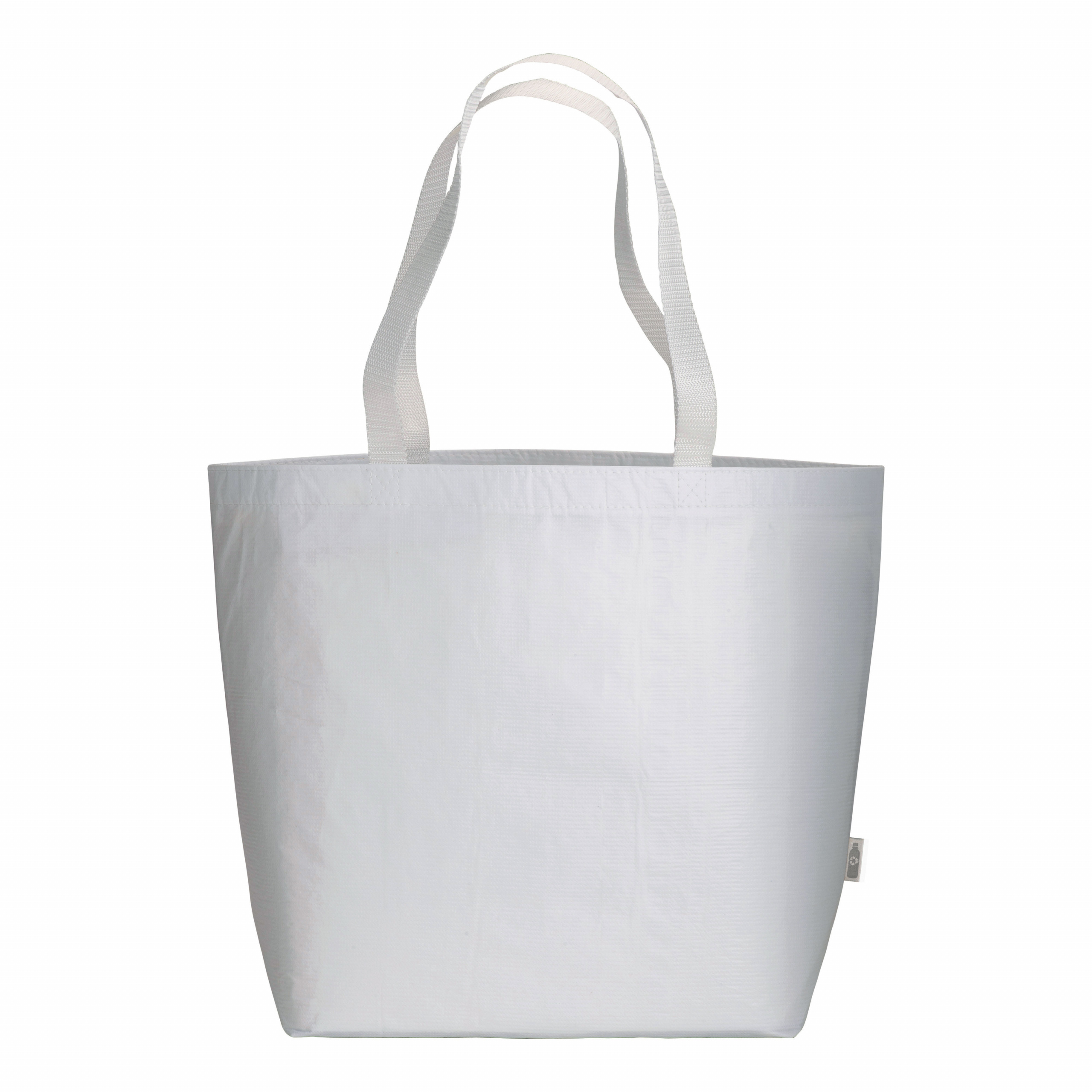 Bolsa de RPET laminado con fuelle a la base (PET reciclado) – asas largas de poliéster, Blanco, , , ,