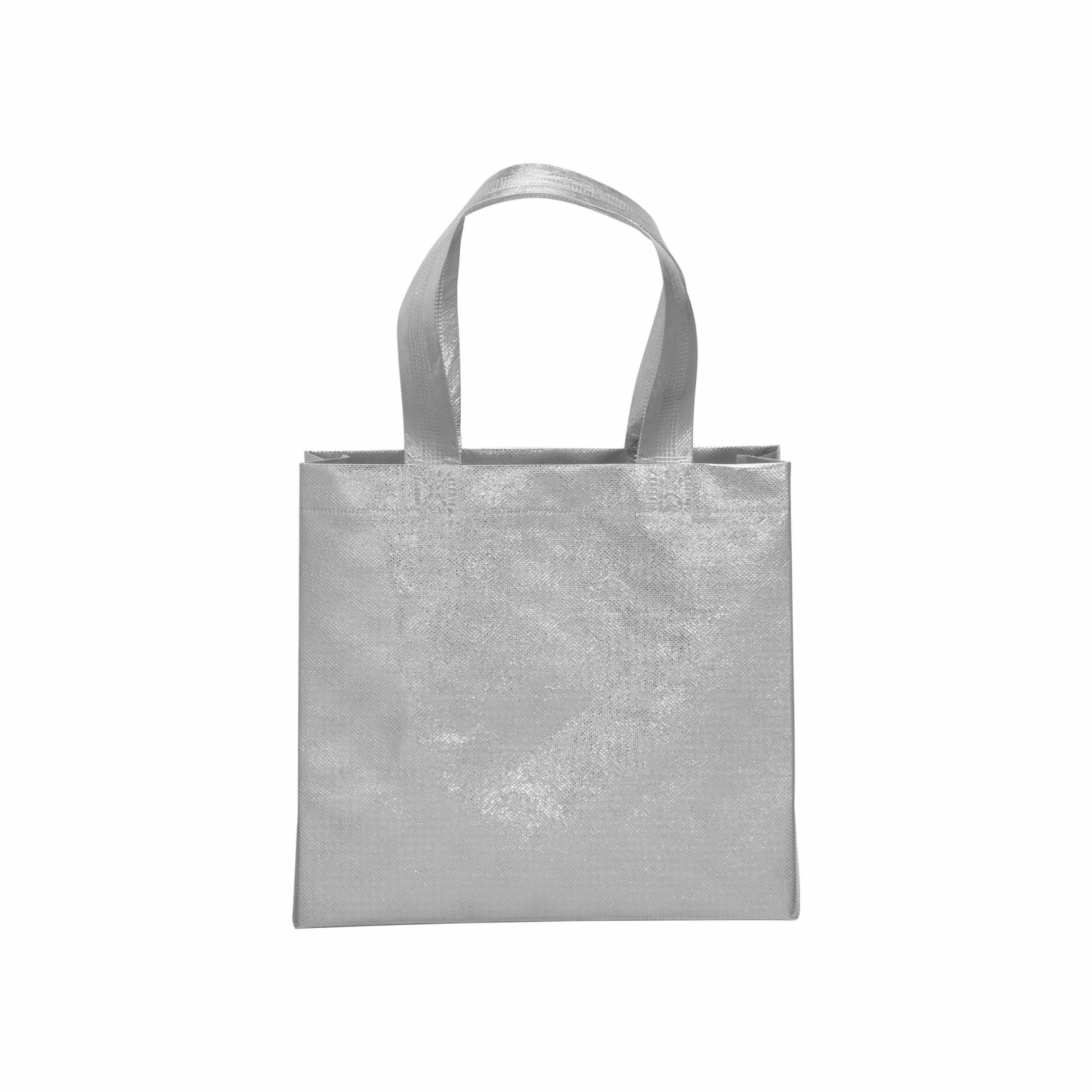 Bolsa con fuelle de tejido sin tejer laminado 100 g/m2  termosoldado, con asas cortas, Plata, , , ,