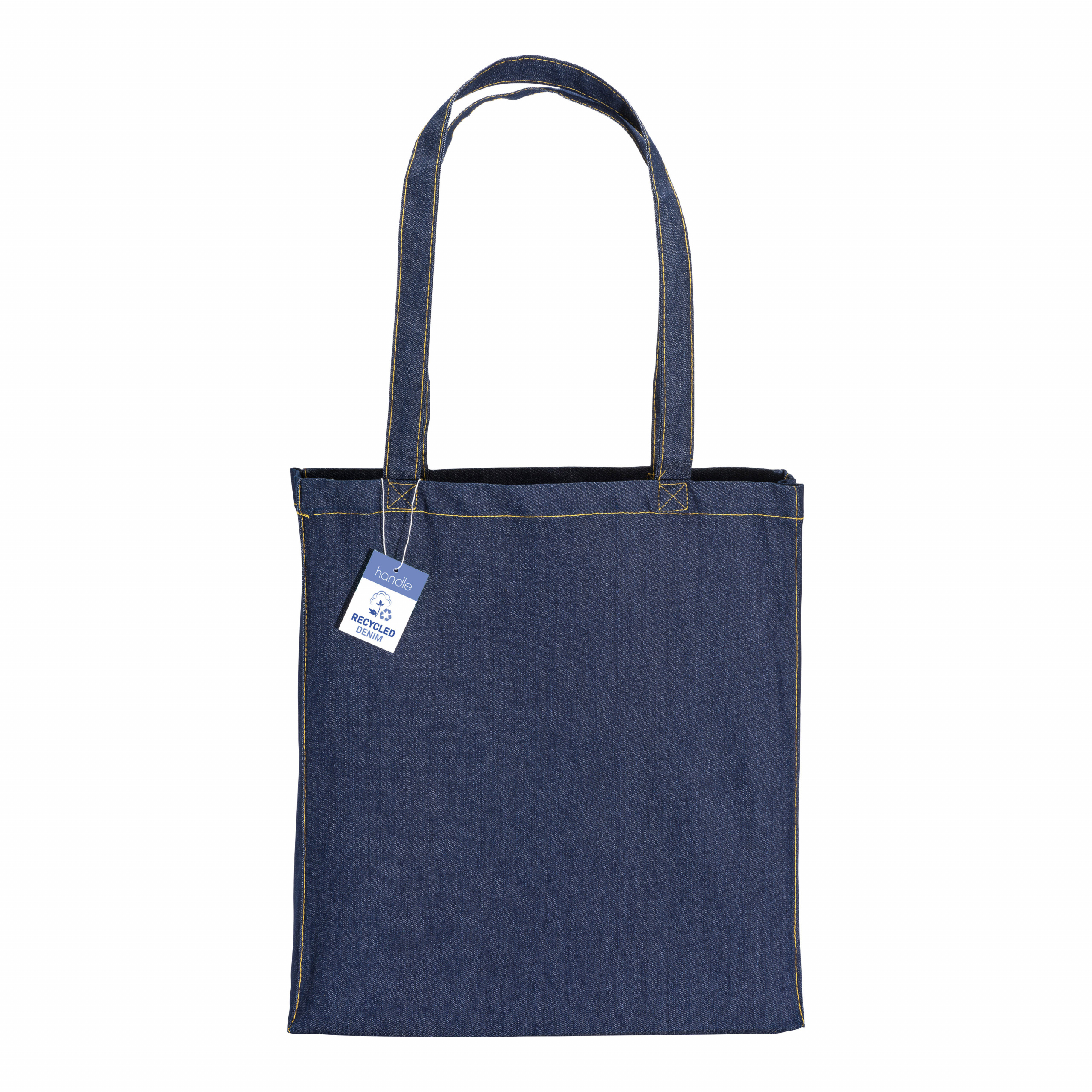 Bolsa de mano de algodón vaquero reciclado, 180 g/m2, asas largas y fuelle, Jeans, , , 180 GSM/M2,