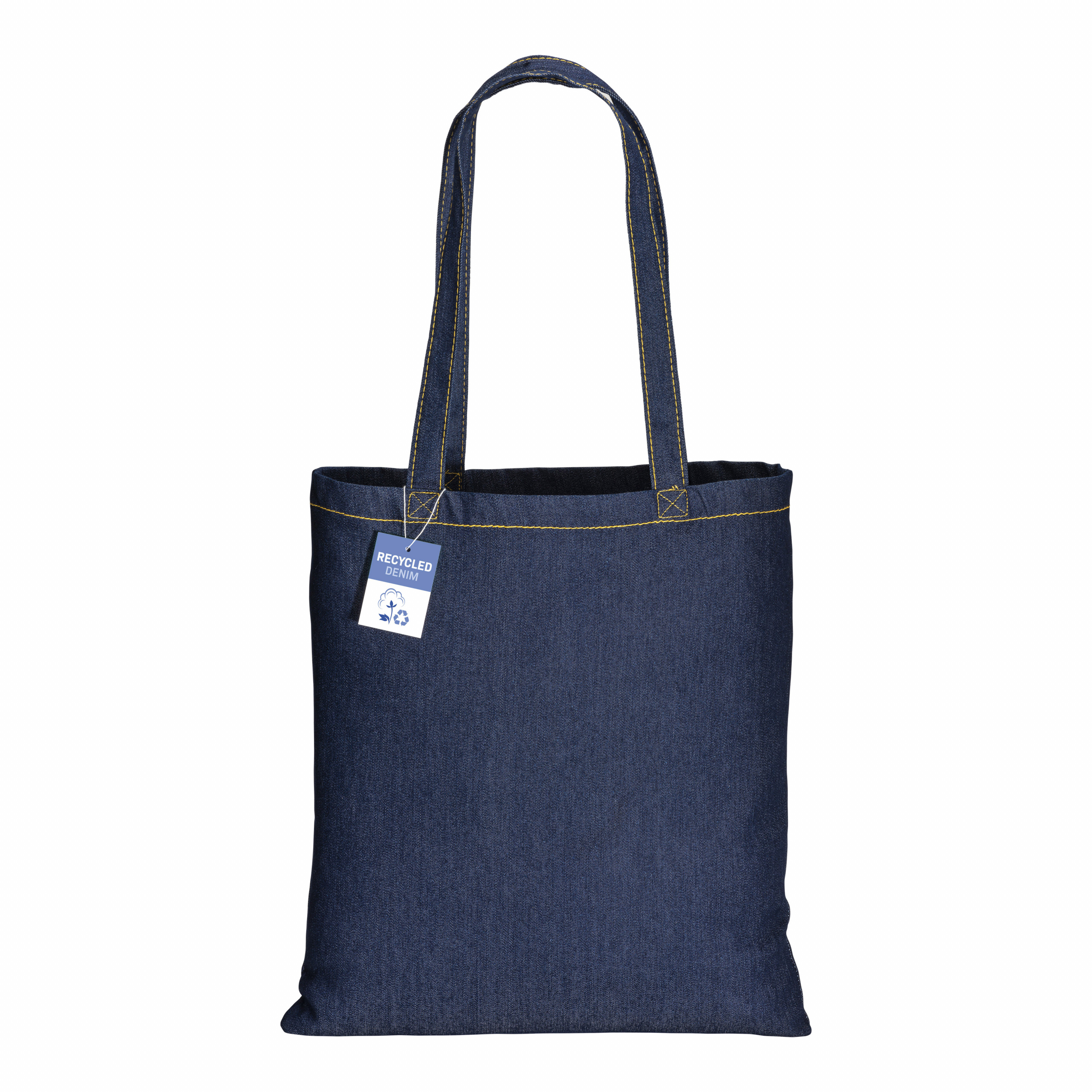 Bolsa de tela vaquera reciclada de algodón, 180 g/m2, asas largas, Jeans, , , 180 GSM/M2,
