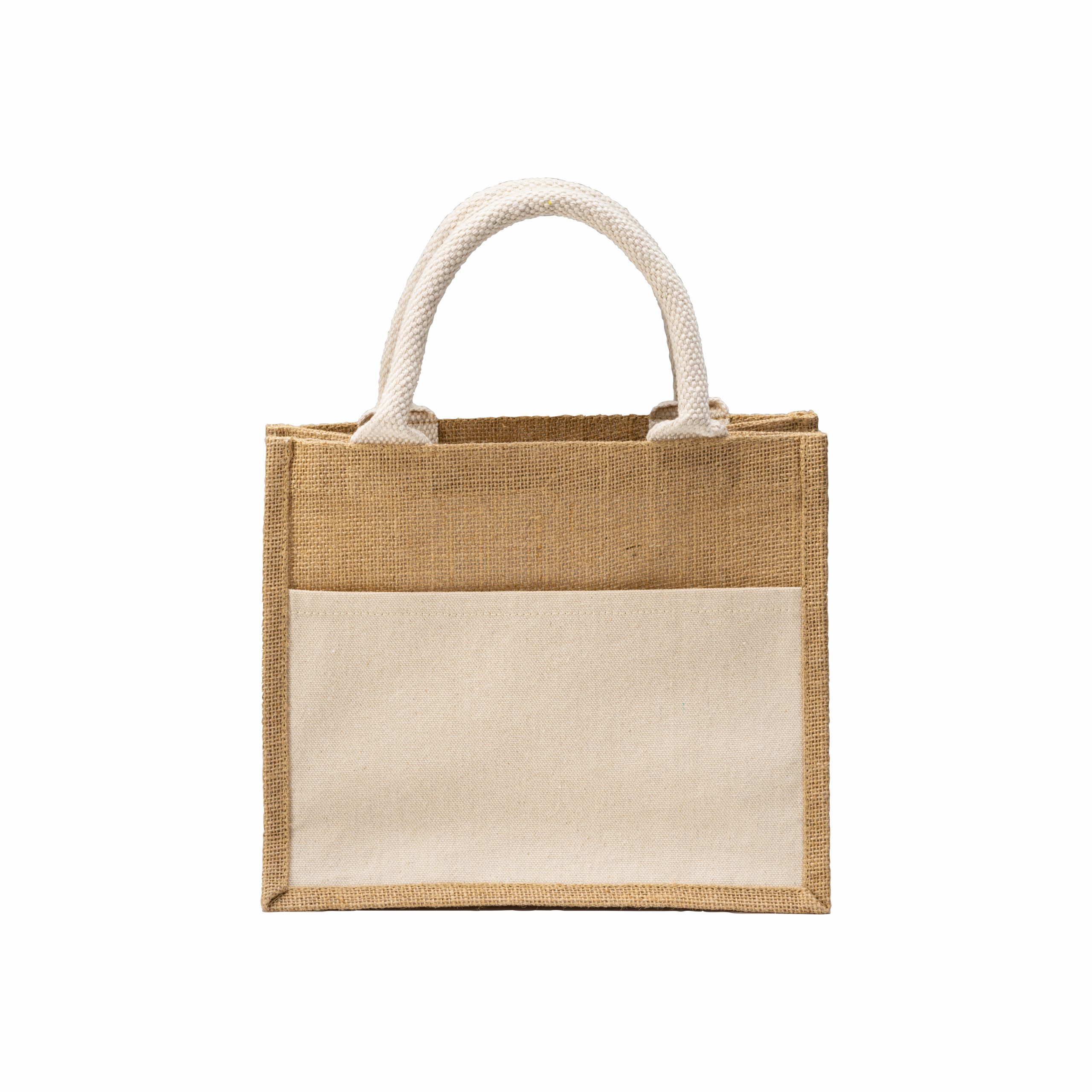 Bolsa minir de yute con bolsillo y asas de algodón, Natural, , , ,