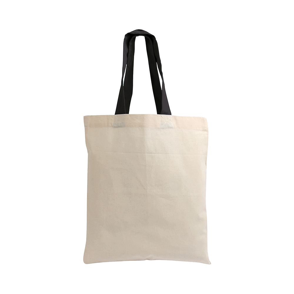 Mini bolsa shopper de algodón natural reciclado de 140 g/m2 con asas de colores, Negro, , , 140 GSM/M2,