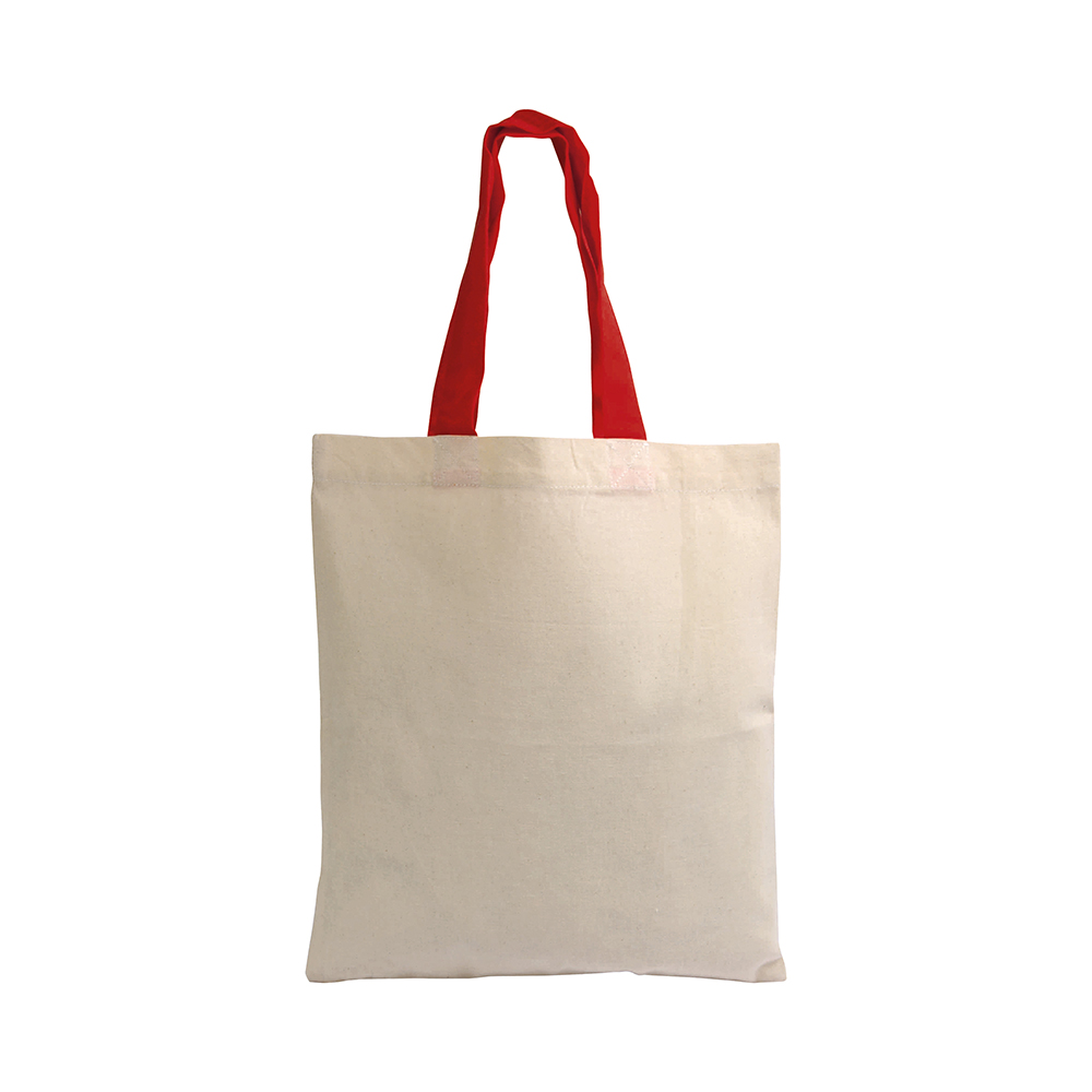 Mini bolsa shopper de algodón natural reciclado de 140 g/m2 con asas de colores, Rojo, , , 140 GSM/M2,