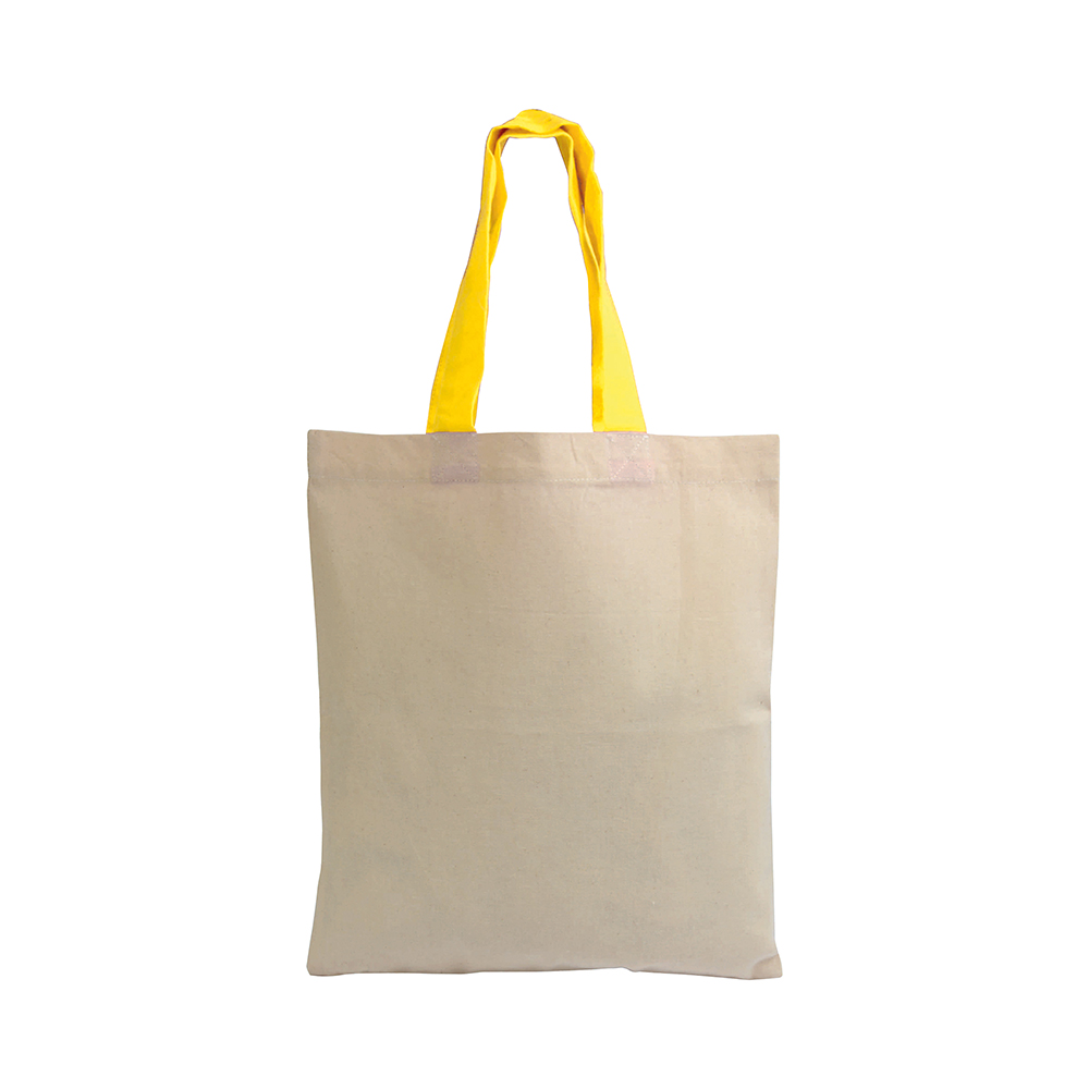 Mini bolsa shopper de algodón natural reciclado de 140 g/m2 con asas de colores, Amarillo, , , 140 GSM/M2,
