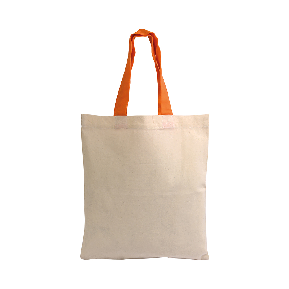 Mini bolsa shopper de algodón natural reciclado de 140 g/m2 con asas de colores, Naranja, , , 140 GSM/M2,