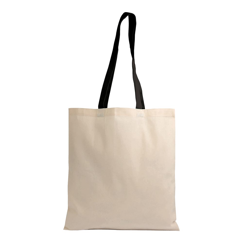 Bolsa shopper de algodón natural reciclado de 140 g/m2 con asas de colores, Negro, , , 140 GSM/M2,
