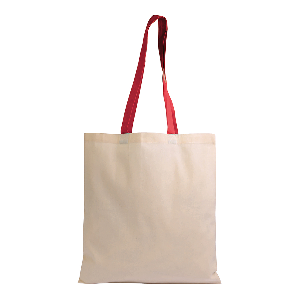 Bolsa shopper de algodón natural reciclado de 140 g/m2 con asas de colores, Rojo, , , 140 GSM/M2,