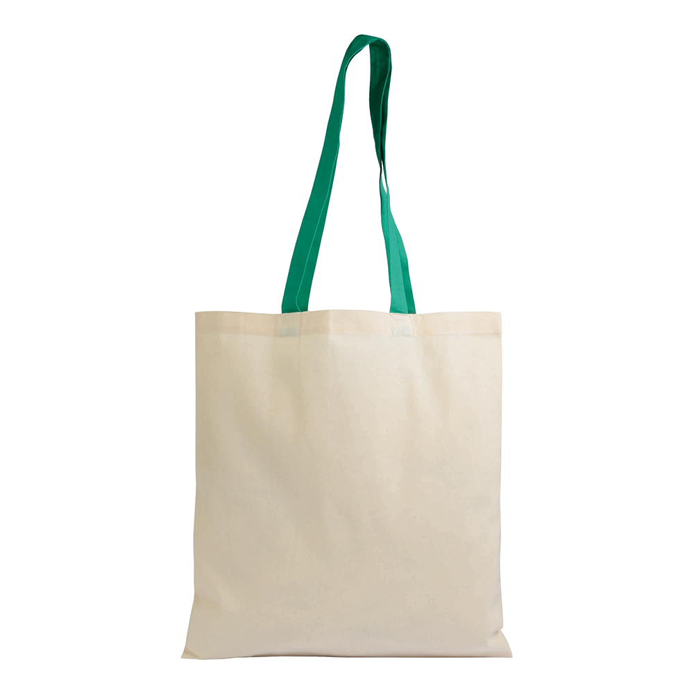 Bolsa shopper de algodón natural reciclado de 140 g/m2 con asas de colores, Verde, , , 140 GSM/M2,