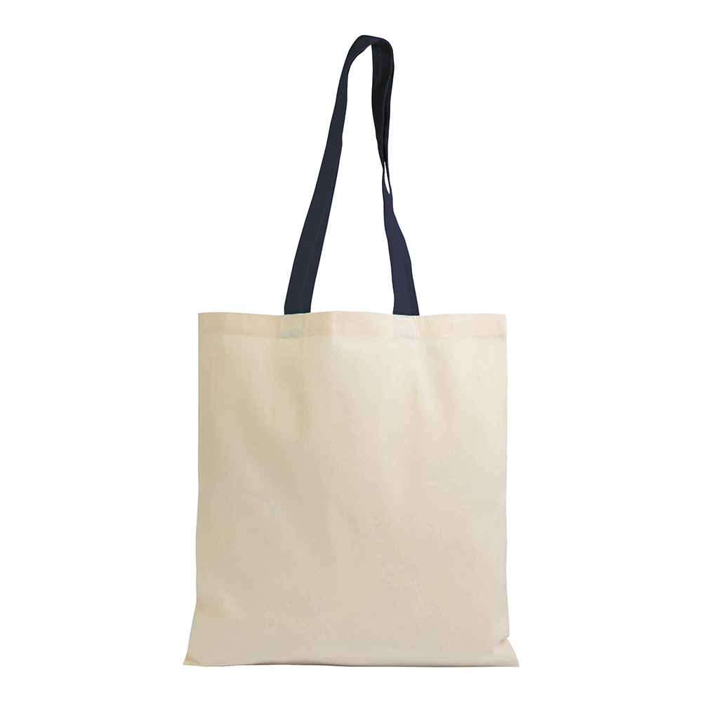 Bolsa shopper de algodón natural reciclado de 140 g/m2 con asas de colores, Azul, , , 140 GSM/M2,
