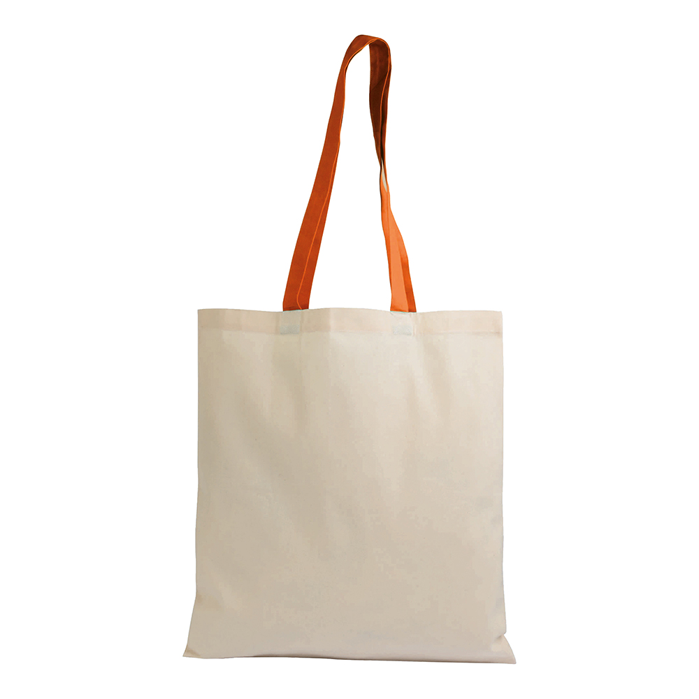 Bolsa shopper de algodón natural reciclado de 140 g/m2 con asas de colores, Naranja, , , 140 GSM/M2,