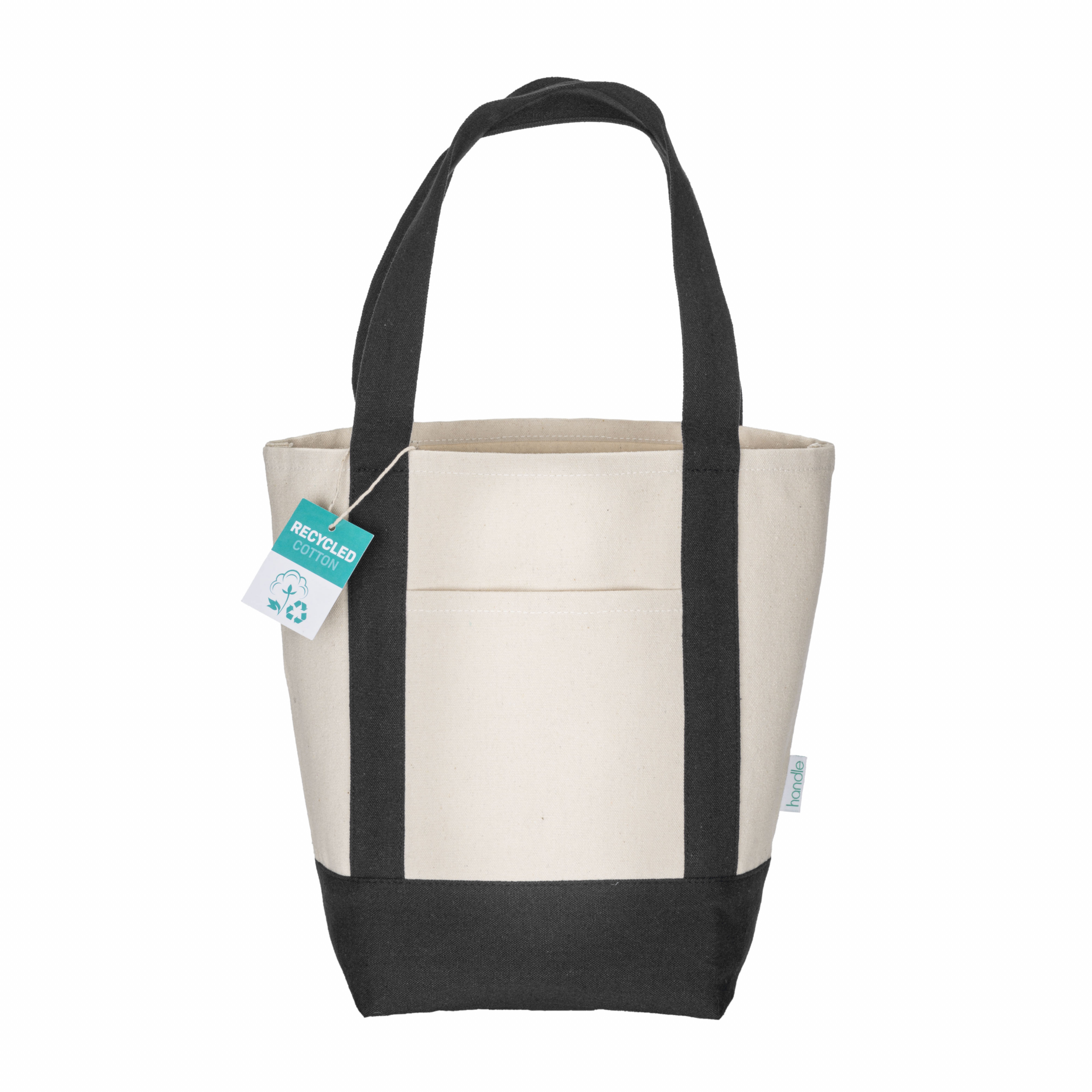 Mini bolsa shopper de algodón reciclado de 340 g/m2 con asas y base de color. GRS, Negro, , , 12OZ- 340 G/M2,