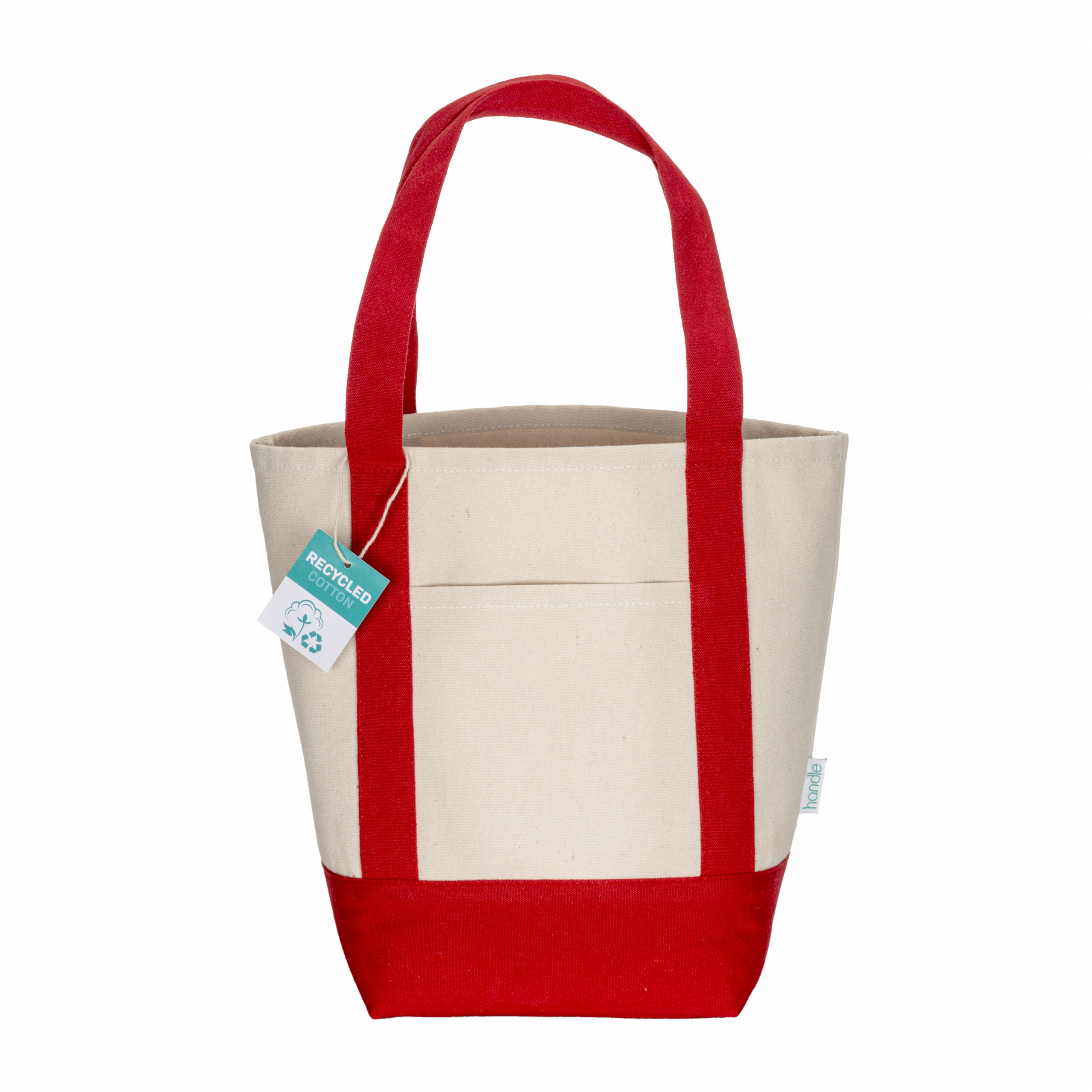 Mini bolsa shopper de algodón reciclado de 340 g/m2 con asas y base de color. GRS, Rojo, , , 12OZ- 340 G/M2,