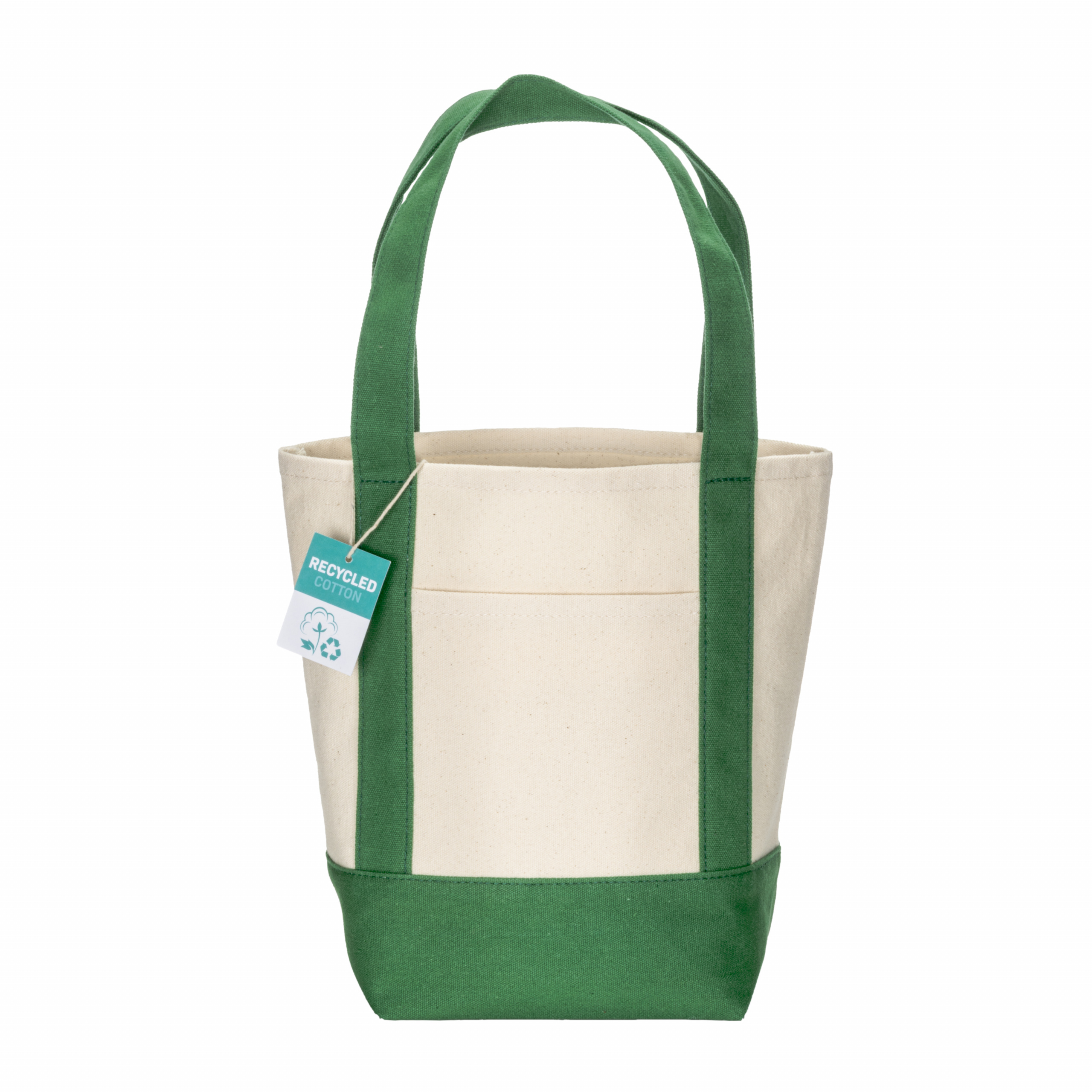 Mini bolsa shopper de algodón reciclado de 340 g/m2 con asas y base de color. GRS, Verde, , , 12OZ- 340 G/M2,