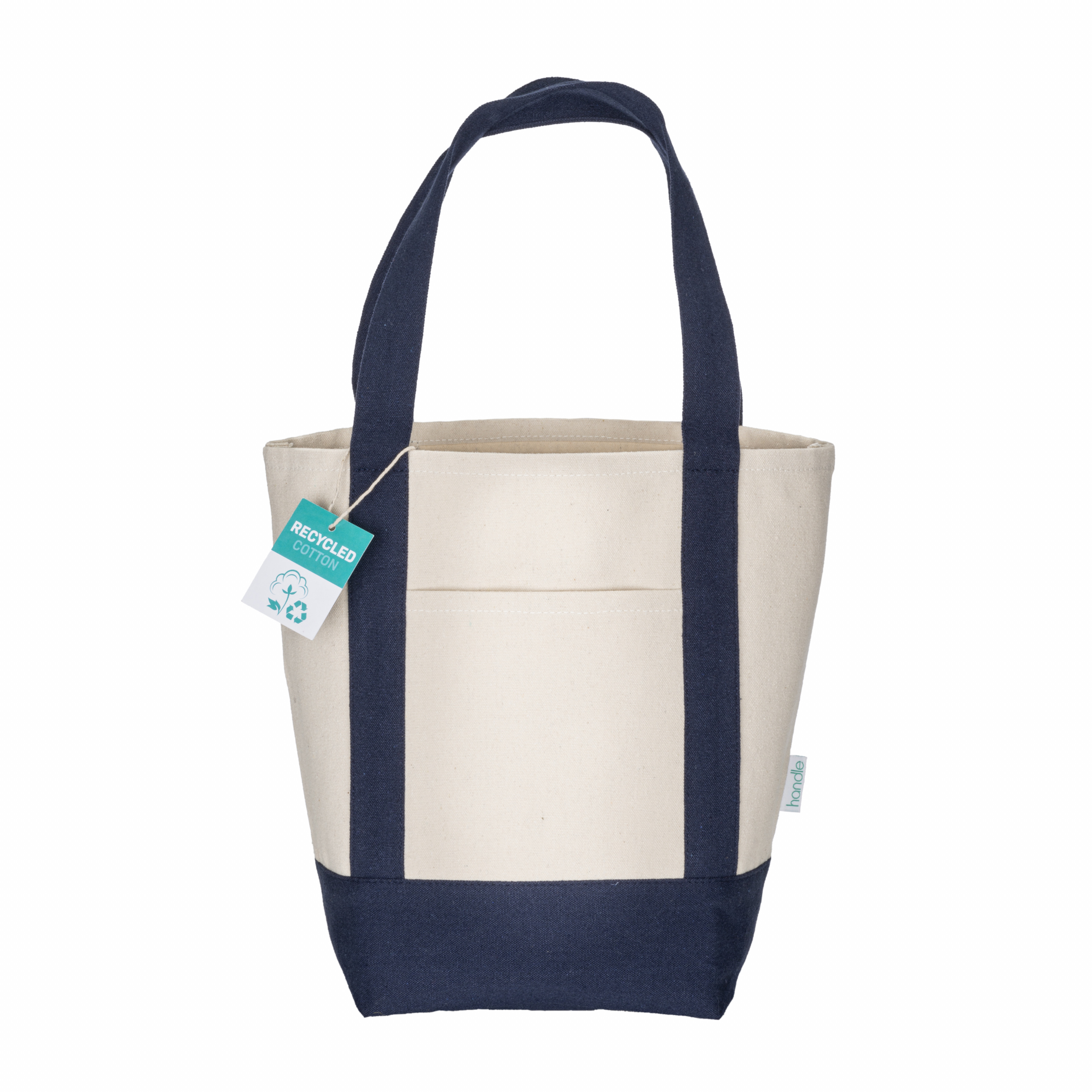 Mini bolsa shopper de algodón reciclado de 340 g/m2 con asas y base de color. GRS, Azul, , , 12OZ- 340 G/M2,